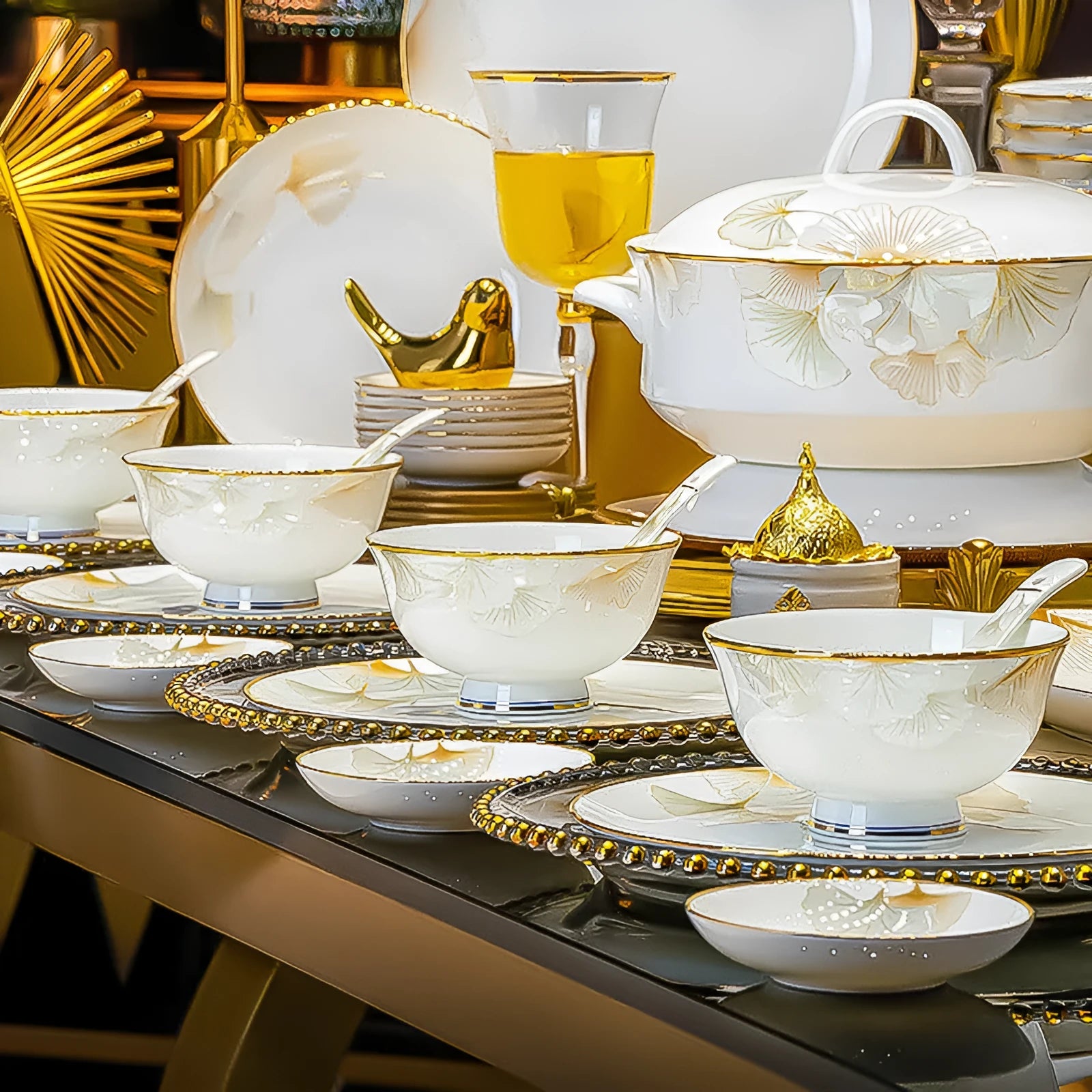24-piece ceramic bowl and dish set with glazed colour map surface including soup bowls, rice bowls, spoons, and chopsticks