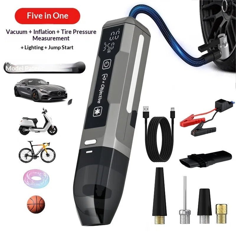 Wireless inflator with power bank showing 4-in-1 car vacuum and air pump with LED light