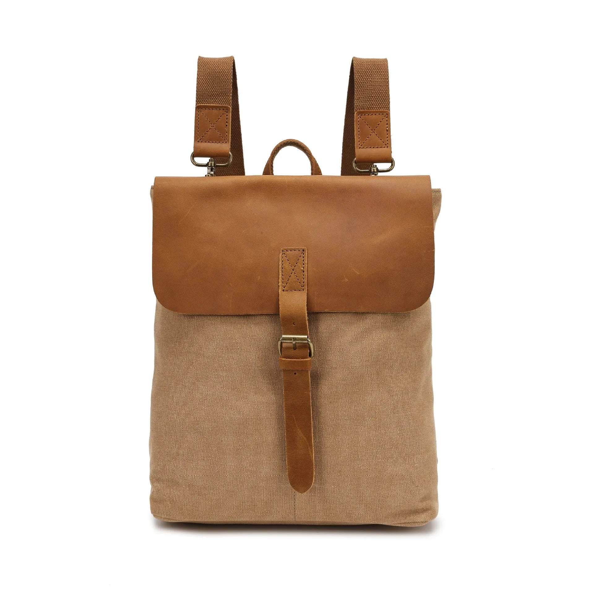 Crazy Horse Leather casual student backpack in waterproof canvas with splicing design