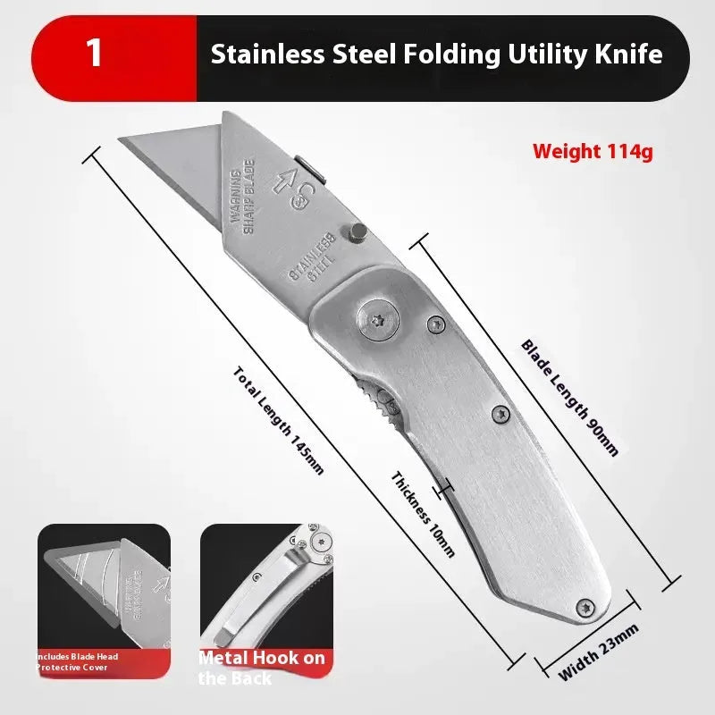 Stainless steel folding art knife with black blades including long and trapezoidal blade types