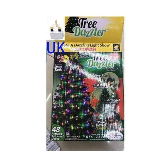 A 1.8 metre long string of 64 colourful LED Christmas lights wrapped around a green tree.