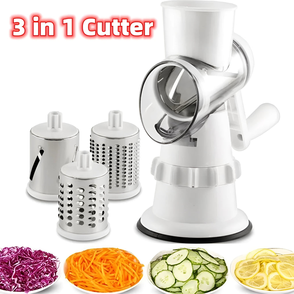 White plastic 3-in-1 manual vegetable slicer with suction feet and stainless steel blades
