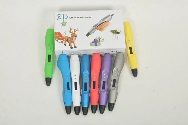 3D print pen with hot melt extrusion nozzle and silver body on white background