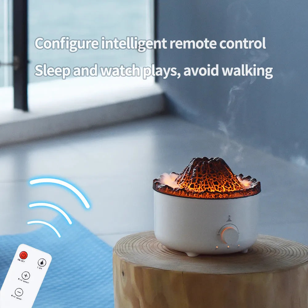 White columnar volcanic humidifier with simulated flame lighting and remote control