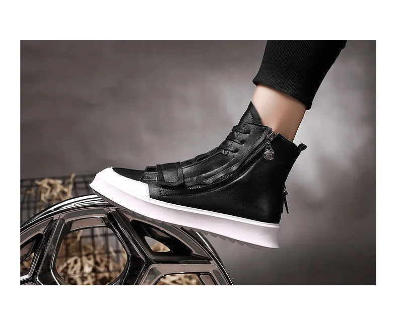 Men's black and white high-top ankle boots in PU leather microfiber for winter.