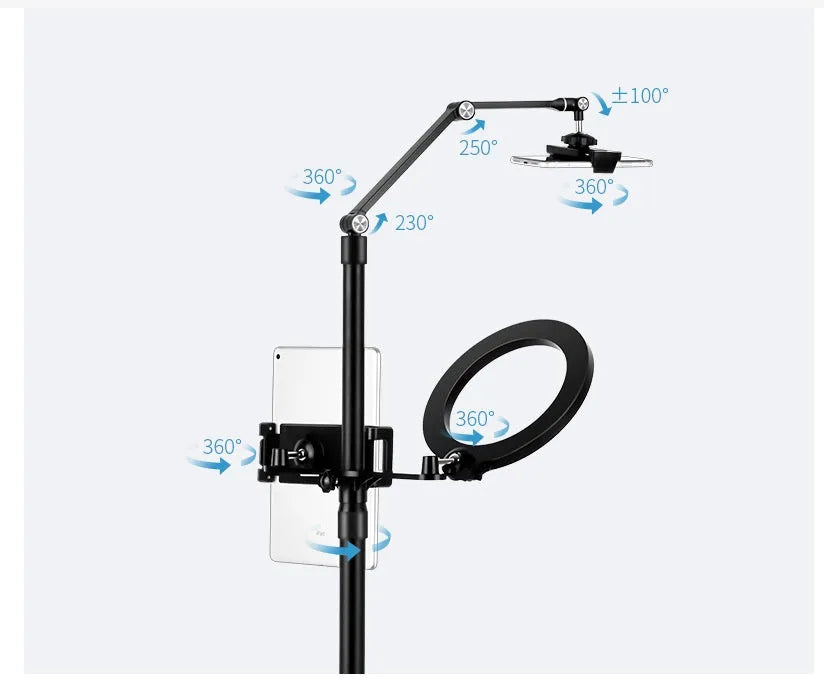 Black floor-standing mobile phone tablet holder with LED fill light and adjustable height