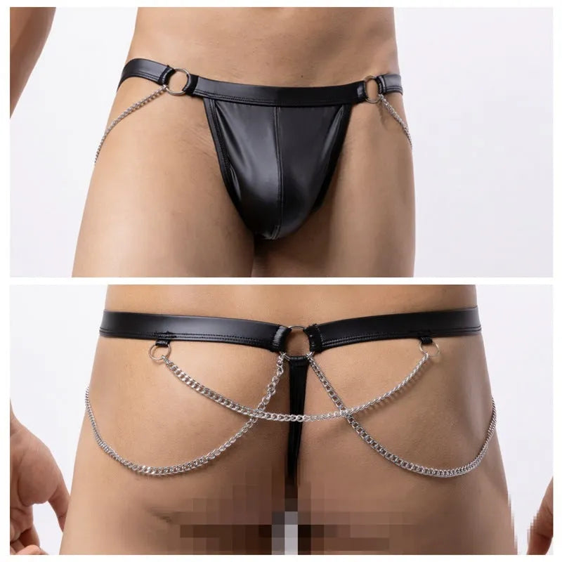 Men's black patent leather thong underwear with chain design detailing