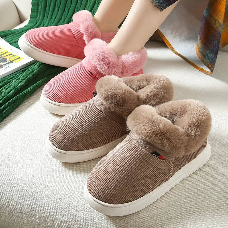 Plush corduroy house slippers for men and women with warm fleece lining and PVC sole, in Coffee, Grey, Pink, or Purple