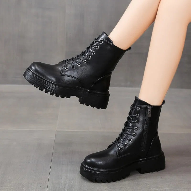 Women's platform lace-up boots in khaki with chunky heel, round toe, and mid-calf shaft