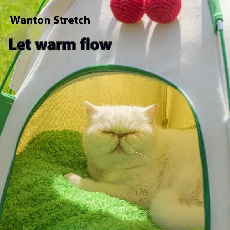 Grey dome-shaped cloth tent cat bed with a removable thick cushion pad inside.