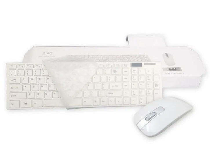 HK-06 wireless keyboard and mouse set in black or white with 2.4GHz USB receiver, 10m range and optical 1200 DPI mouse