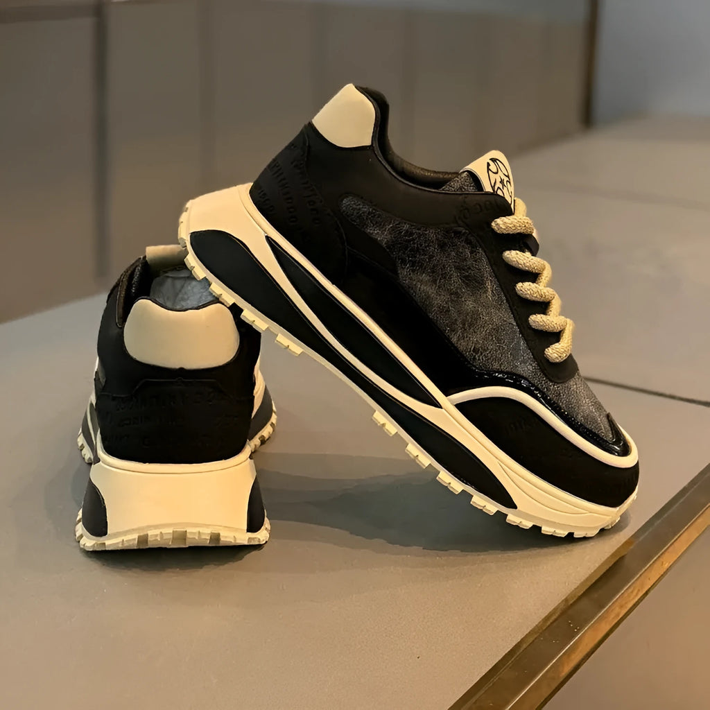 Men's black thick sole retro lace-up sneakers with a round toe and wear-resistant outsole.