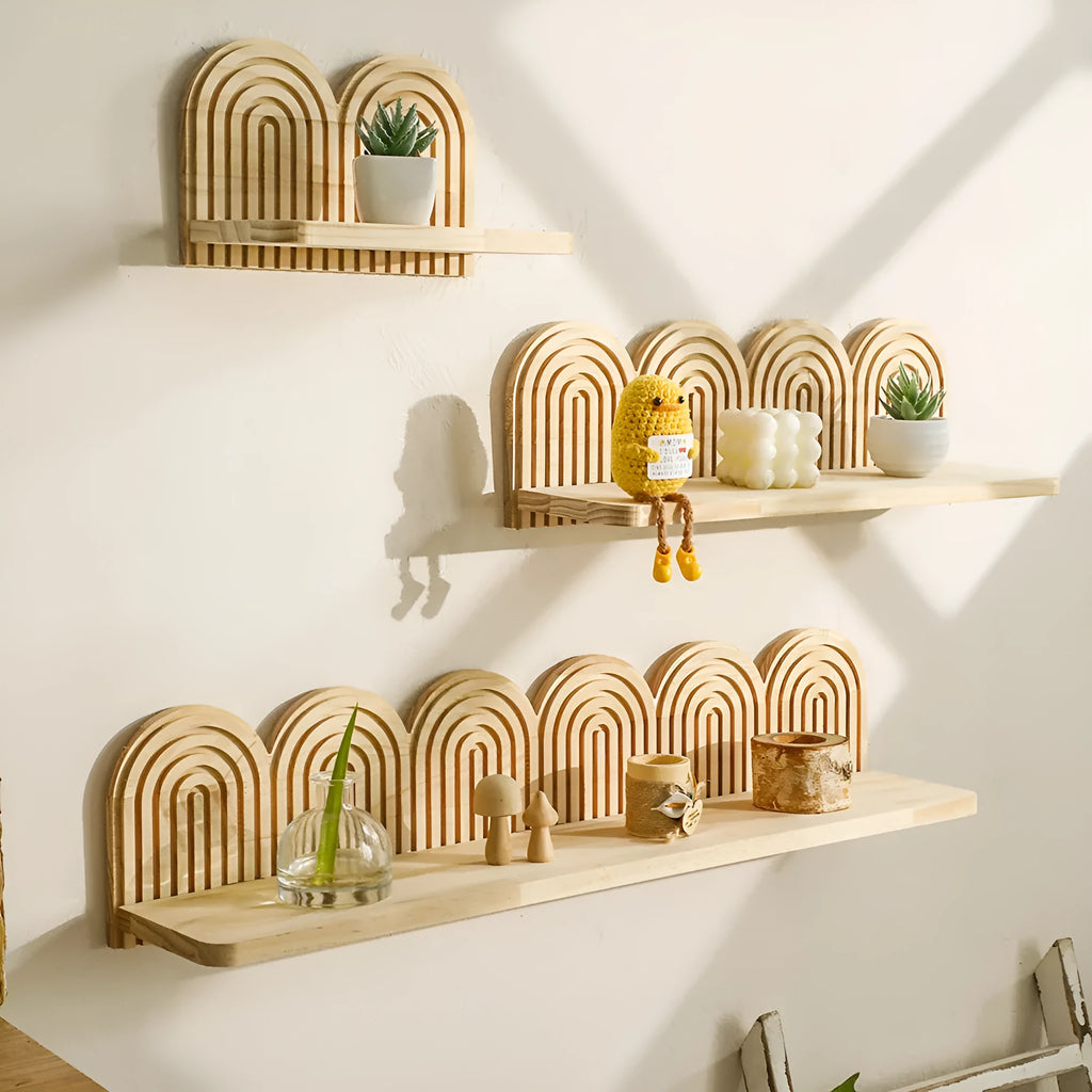 Natural wood wall rack with multiple tiers for displaying potted plants vertically