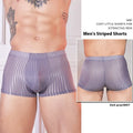 Men's striped thin transparent nylon underwear in black, displayed flat.
