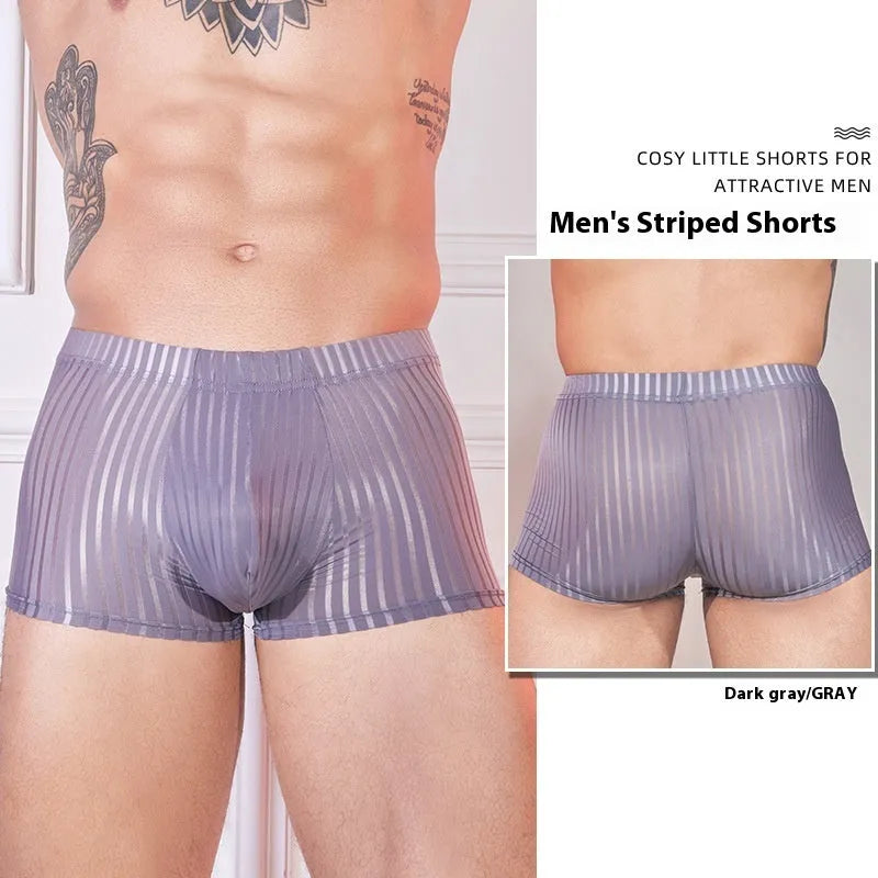 Men's low-rise striped boxer shorts in thin nylon fabric, shown in black.
