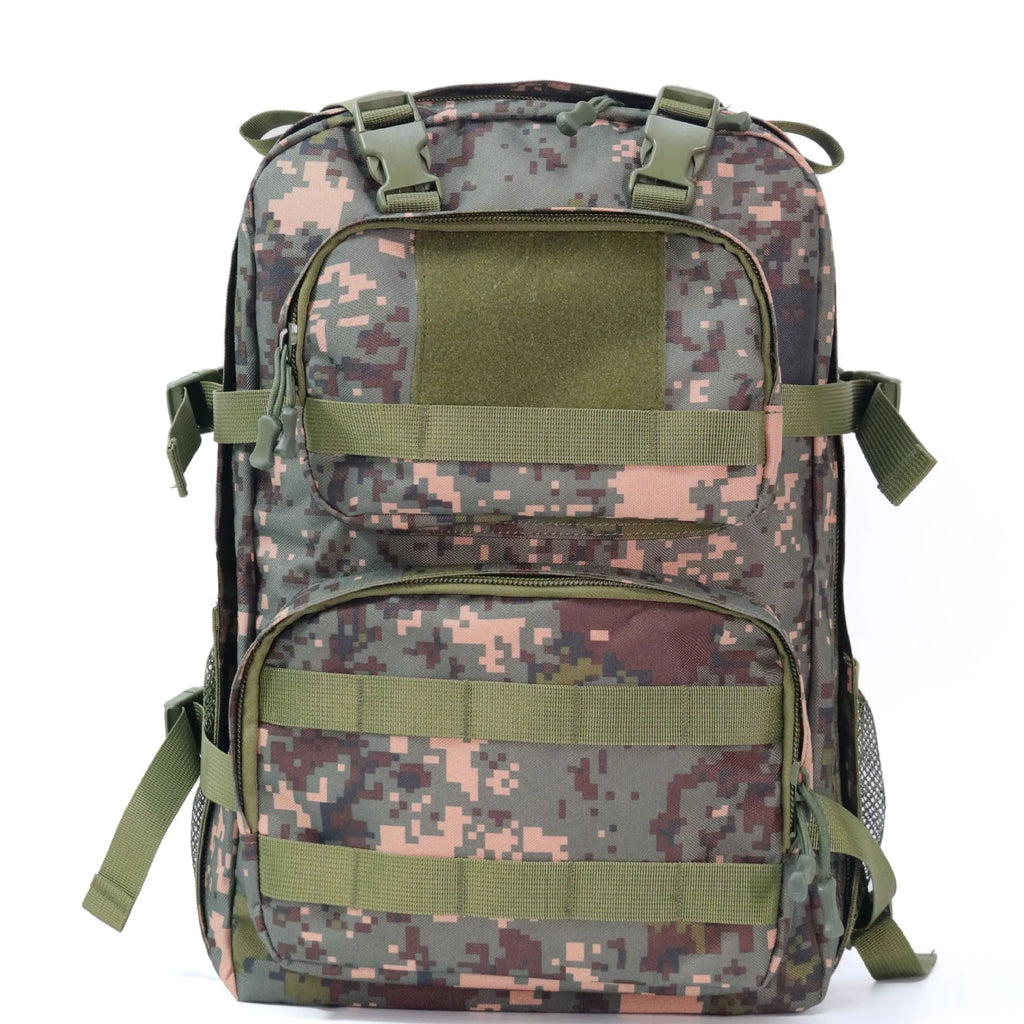 Camouflage pattern waterproof outdoor rucksack with air pillow belt system showing 30x15x46cm dimensions