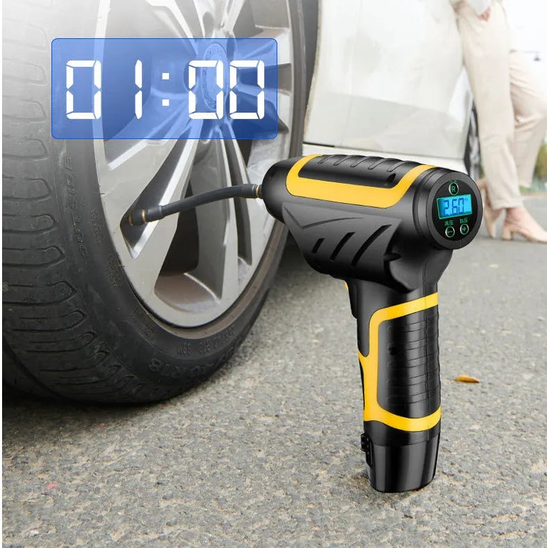 Wireless handheld air pump in black with LED light and pressure gauge, inflating a car tyre