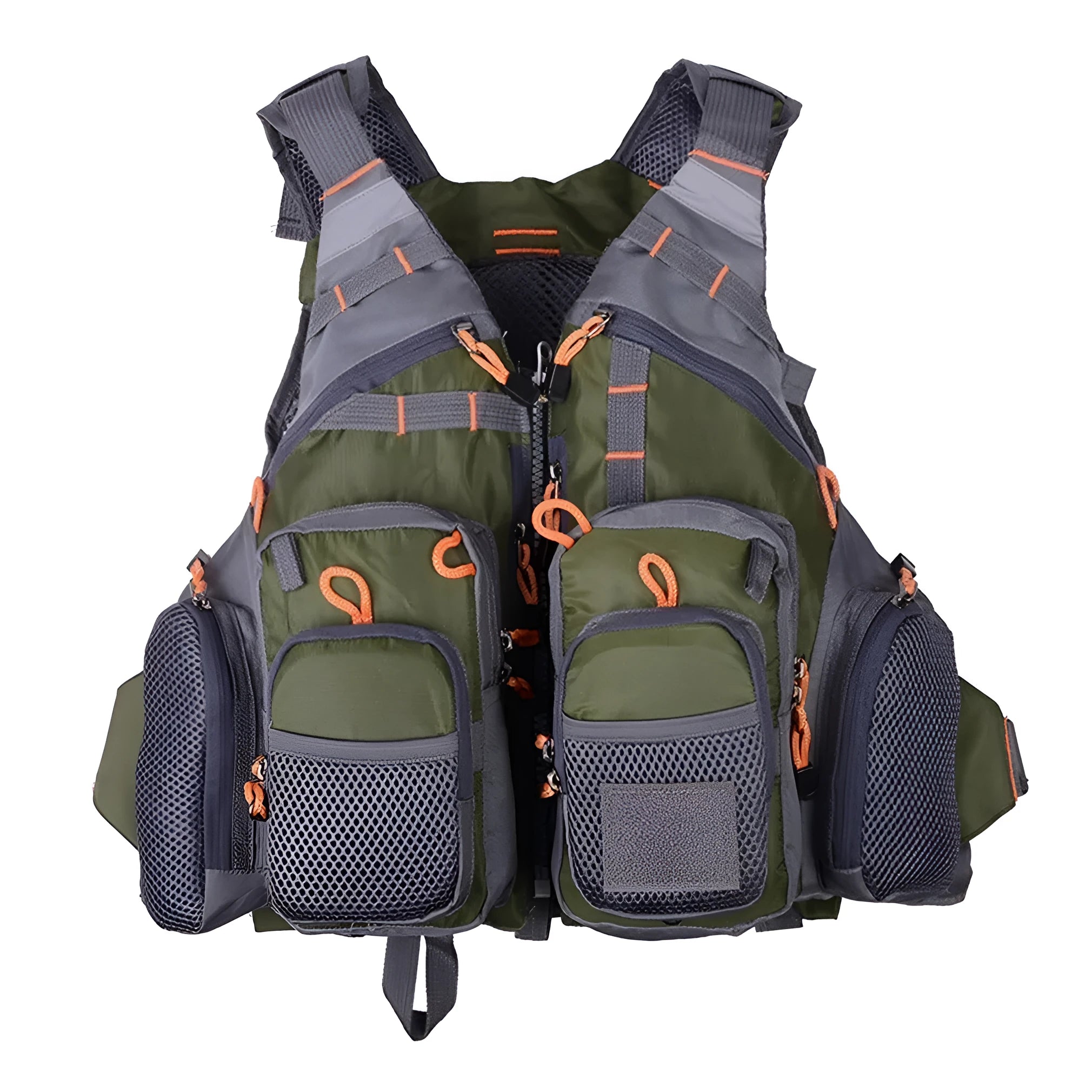 Blue men's fishing life vest with 11 pockets, detachable flotation, and adjustable straps on a white background