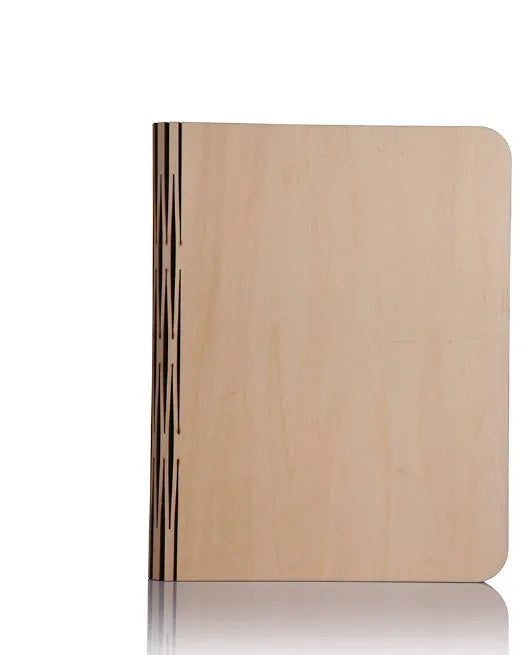 Solid wood USB-powered book light in three sizes on a desk with a book.