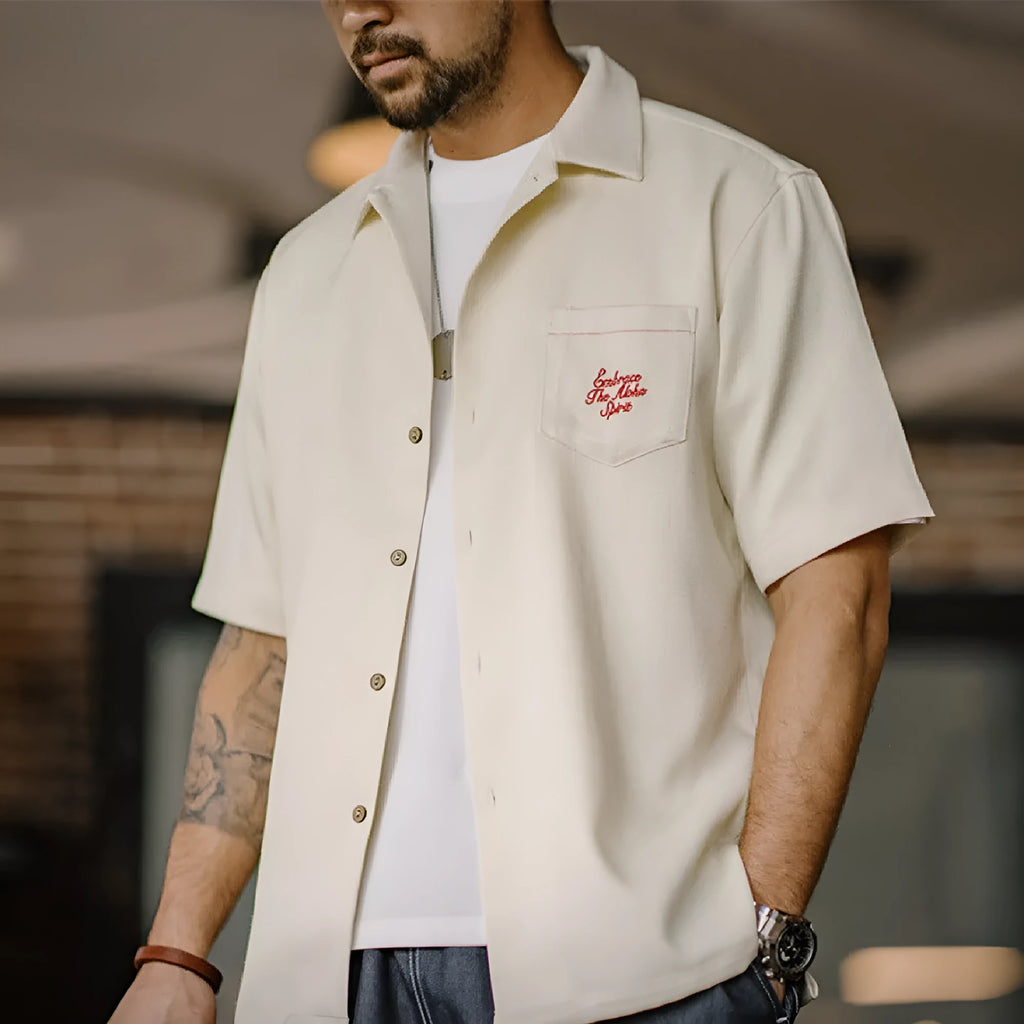 Light apricot bamboo pattern Cuban collar shirt for men with plants and flowers design