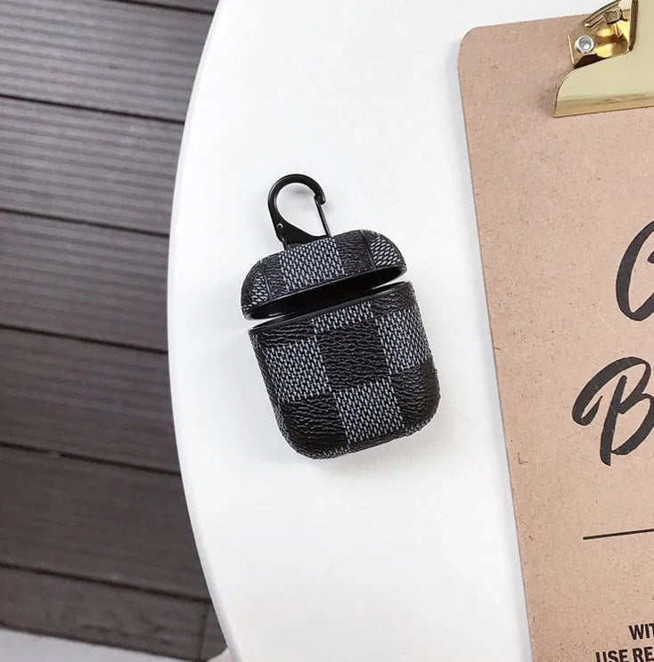 Black leather grid hard shell protective case for iPhone XS Max with anti-lost hook for Bluetooth headset.