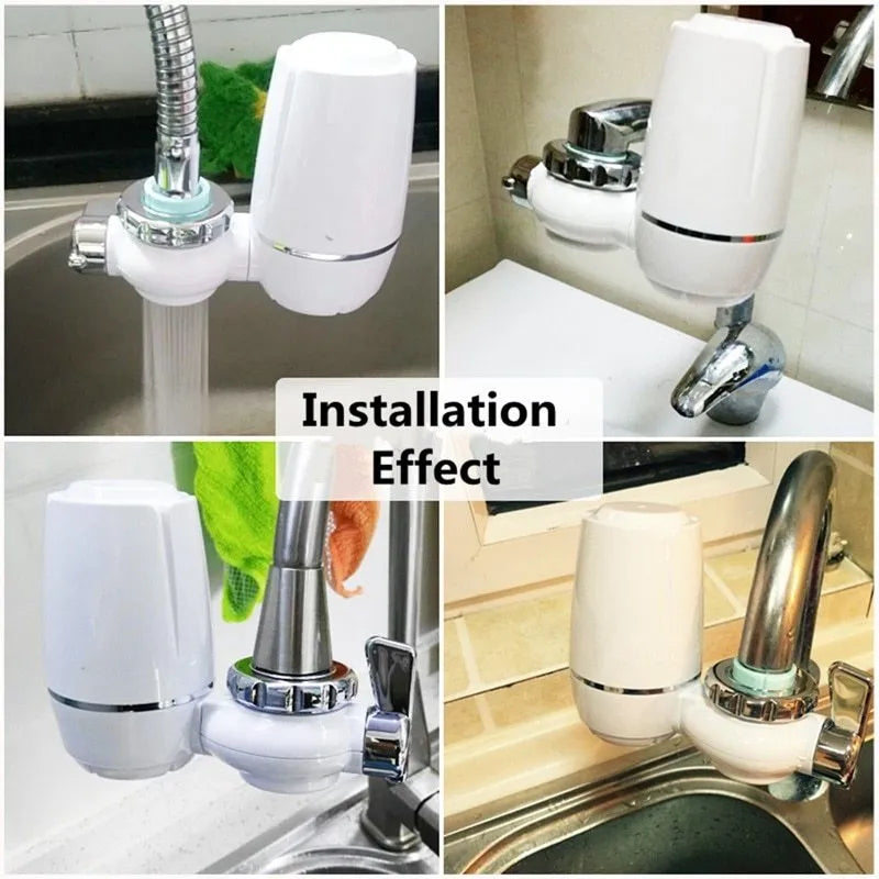 White plastic faucet water filter with ceramic cartridge and set of thread adapters