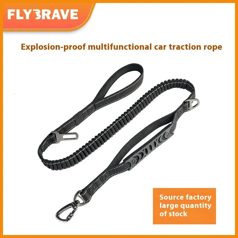 Retractable reflective dog leash with nylon traction belt in black, orange or khaki colour options