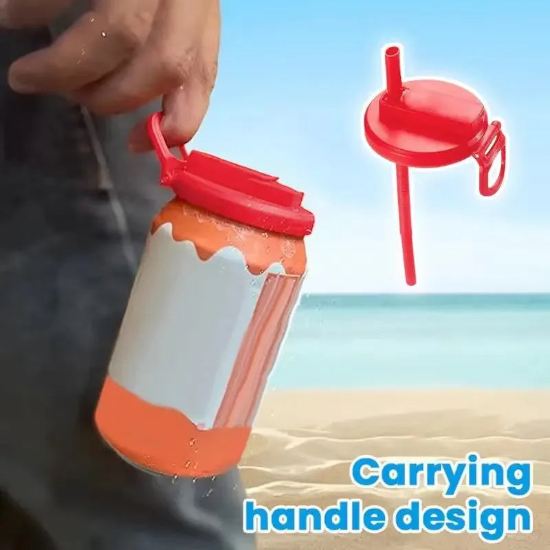 Reusable plastic soda can lid with straw in blue colour on a standard aluminium can