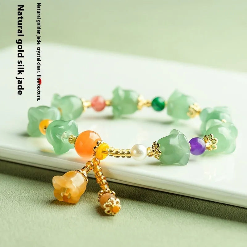 Natural Xinjiang Jinsi Jade bracelet with carved orchid beads in aventurine orchid colour for 14-18cm wrists