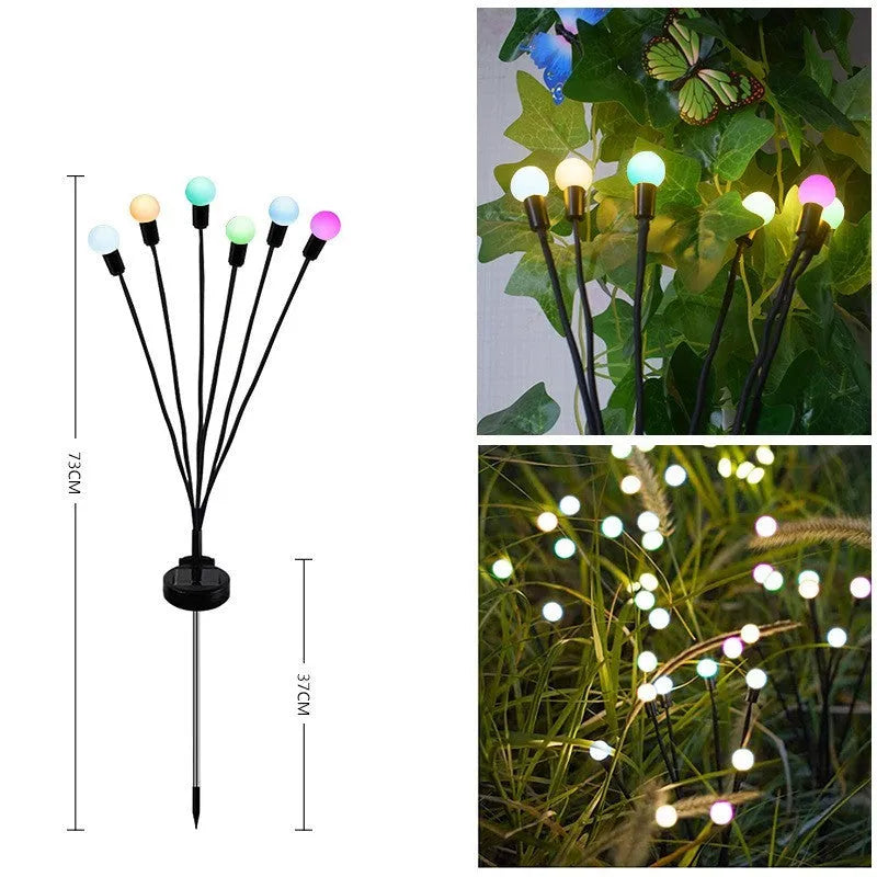 Solar-powered LED garden spike light with multiple firefly-like heads and a push-in pneumatic ground plug.