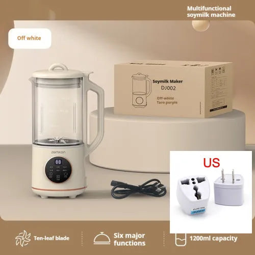 Milky white automatic soybean milk maker with glass body and touch control panel.