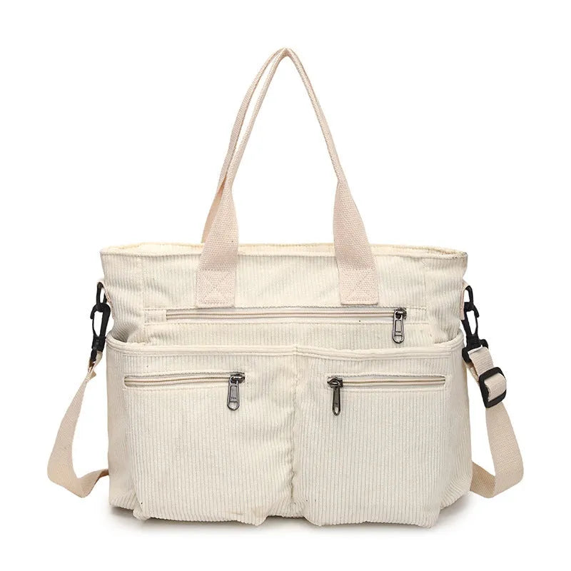Large capacity corduroy shoulder bag in horizontal square shape with open pocket, 37x14x25cm, available in six colours