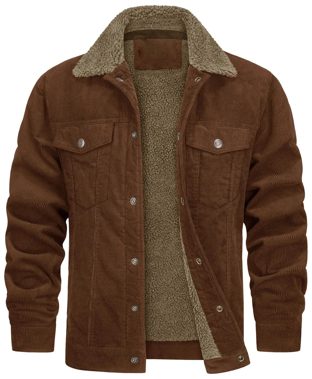 Corduroy lapel long sleeve plush jacket coat in green with side pockets and lapel collar