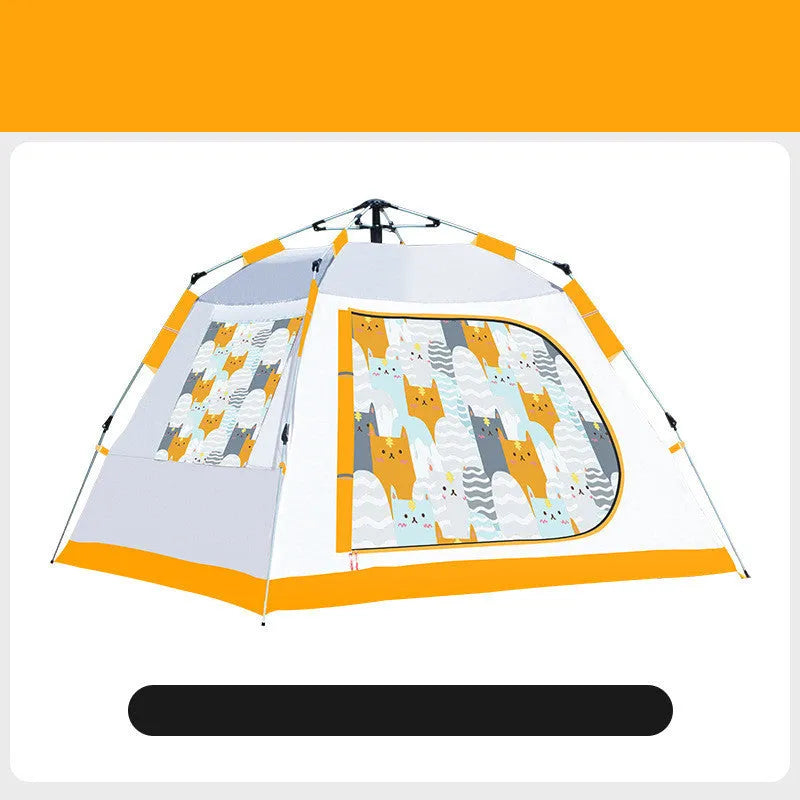 Portable children's camping folding tent with cat print, fibreglass poles, and 210T waterproof flysheet pitched outdoors