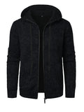 Men's solid colour jacquard hooded coat in denim blue, front view, loose fit with long sleeves