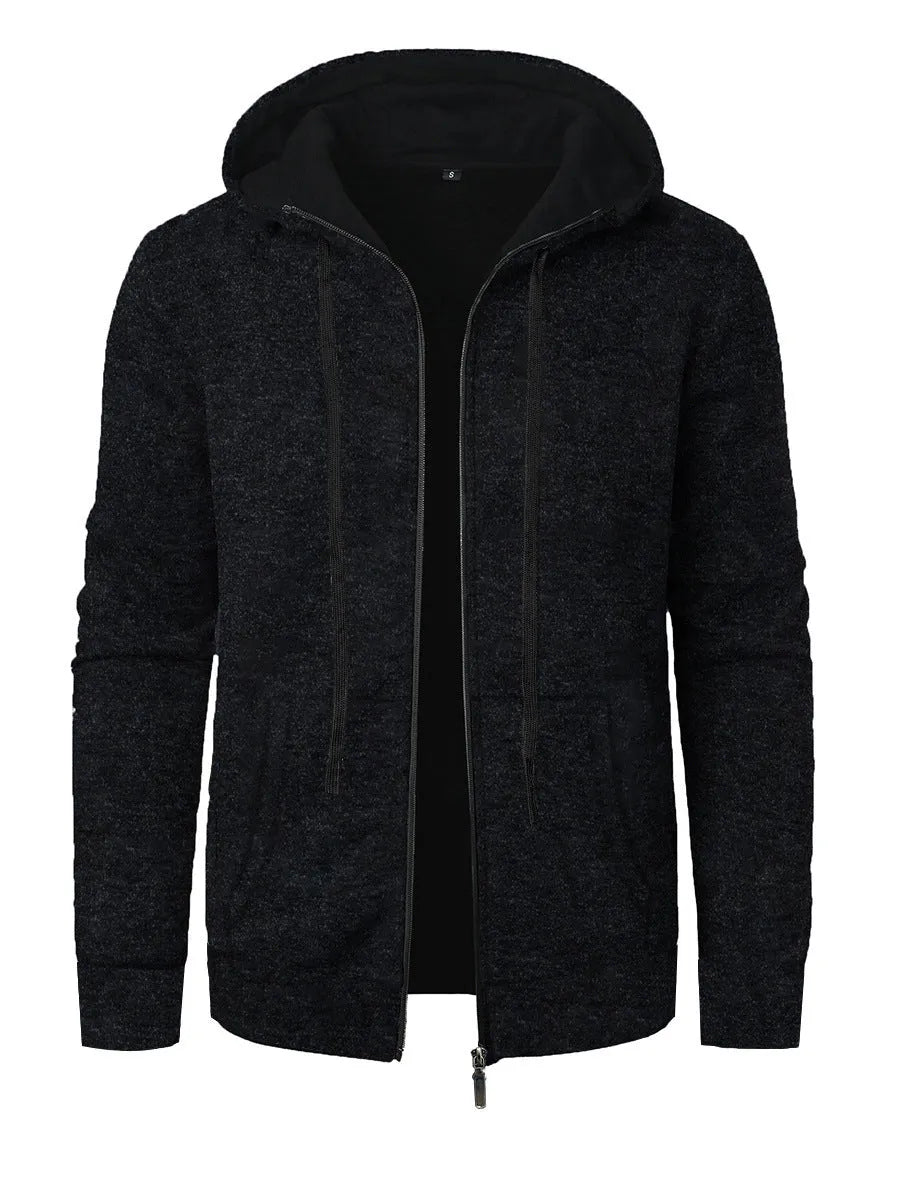 Men's solid colour jacquard hooded coat in denim blue, front view, loose fit with long sleeves