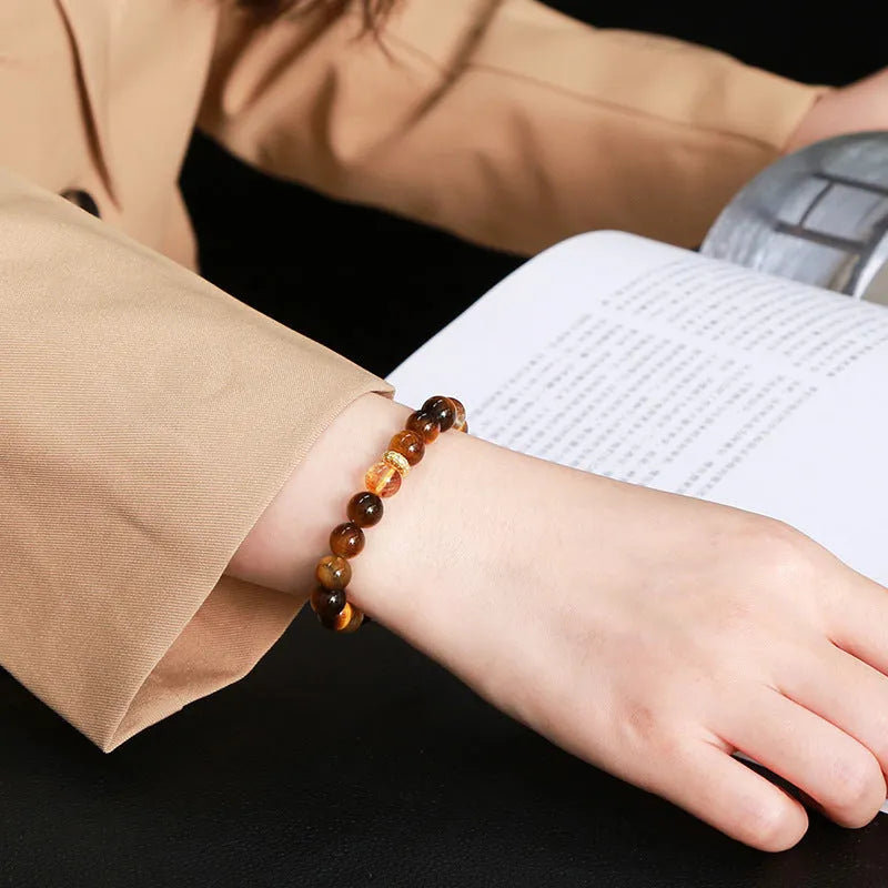 Natural yellow tiger stone and yellow crystal bracelet with 8mm beads and geometric design