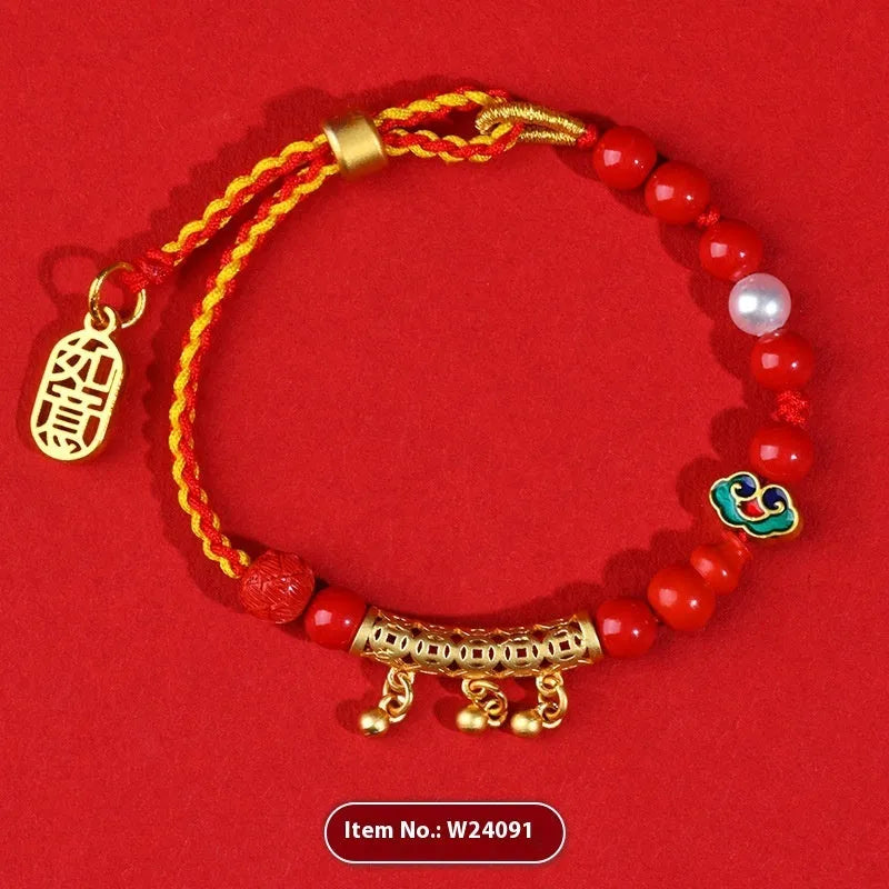 Women's red cinnabar hand-woven rope bell bracelet with geometry shapes and national style design