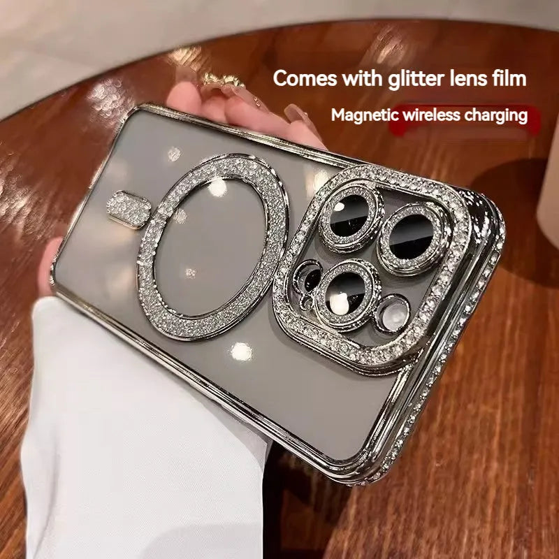 Magnetic transparent TPU phone case with edge drill design and frosted finish in champagne gold