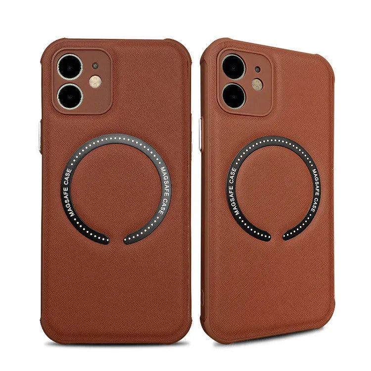 Leather phone case with MagSafe magnetic cross for iPhone 14 in black solid colour
