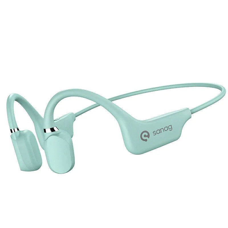 Bone conduction Bluetooth sports headset hanging around a neck, shown in multiple colour options.