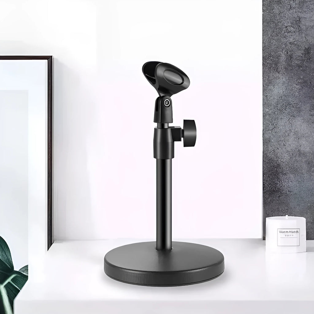 Alloy desktop microphone stand with adjustable riser and metal base for live show and video recording