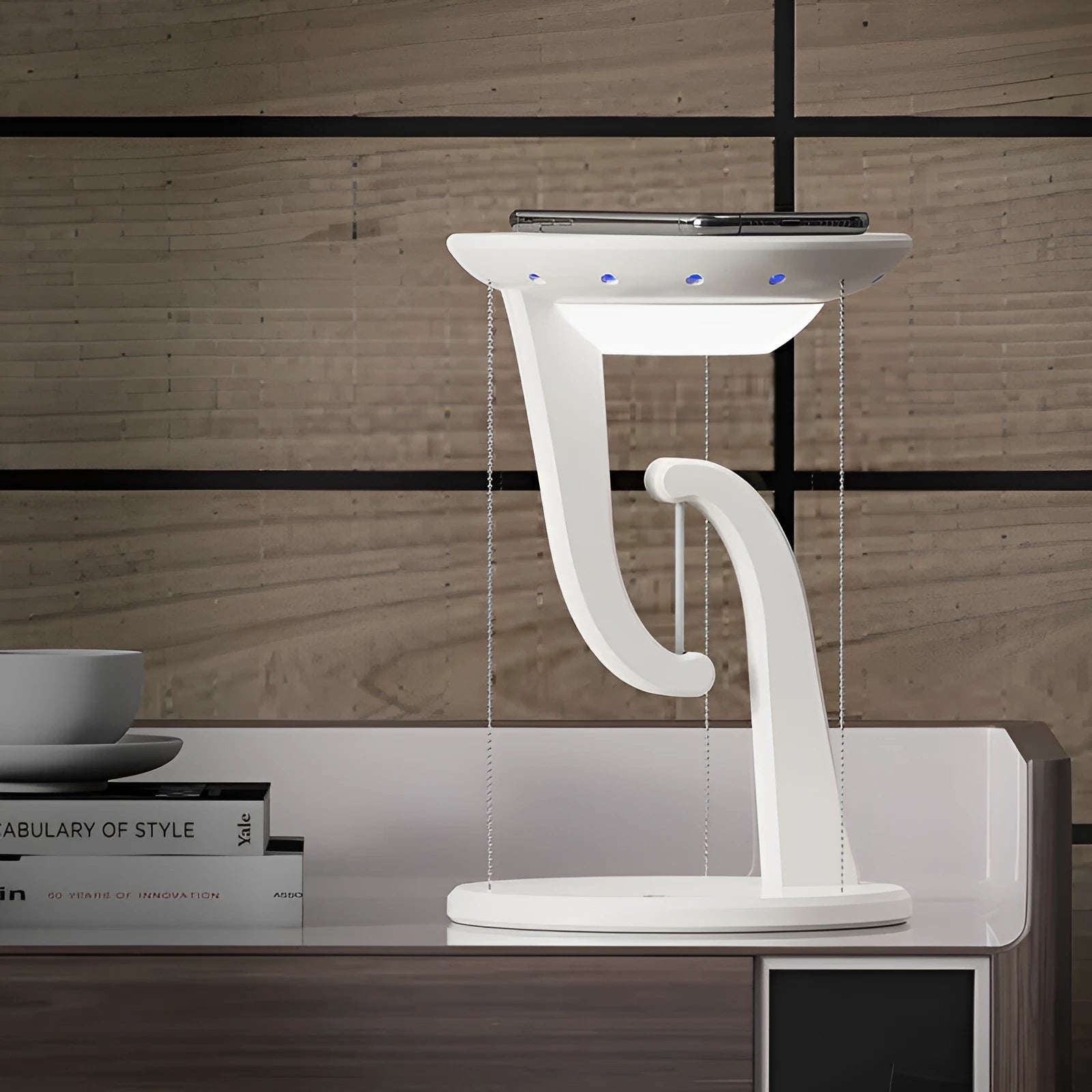 Creative smart wireless phone charger suspension lamp, white, 160x230mm, with USB power cable