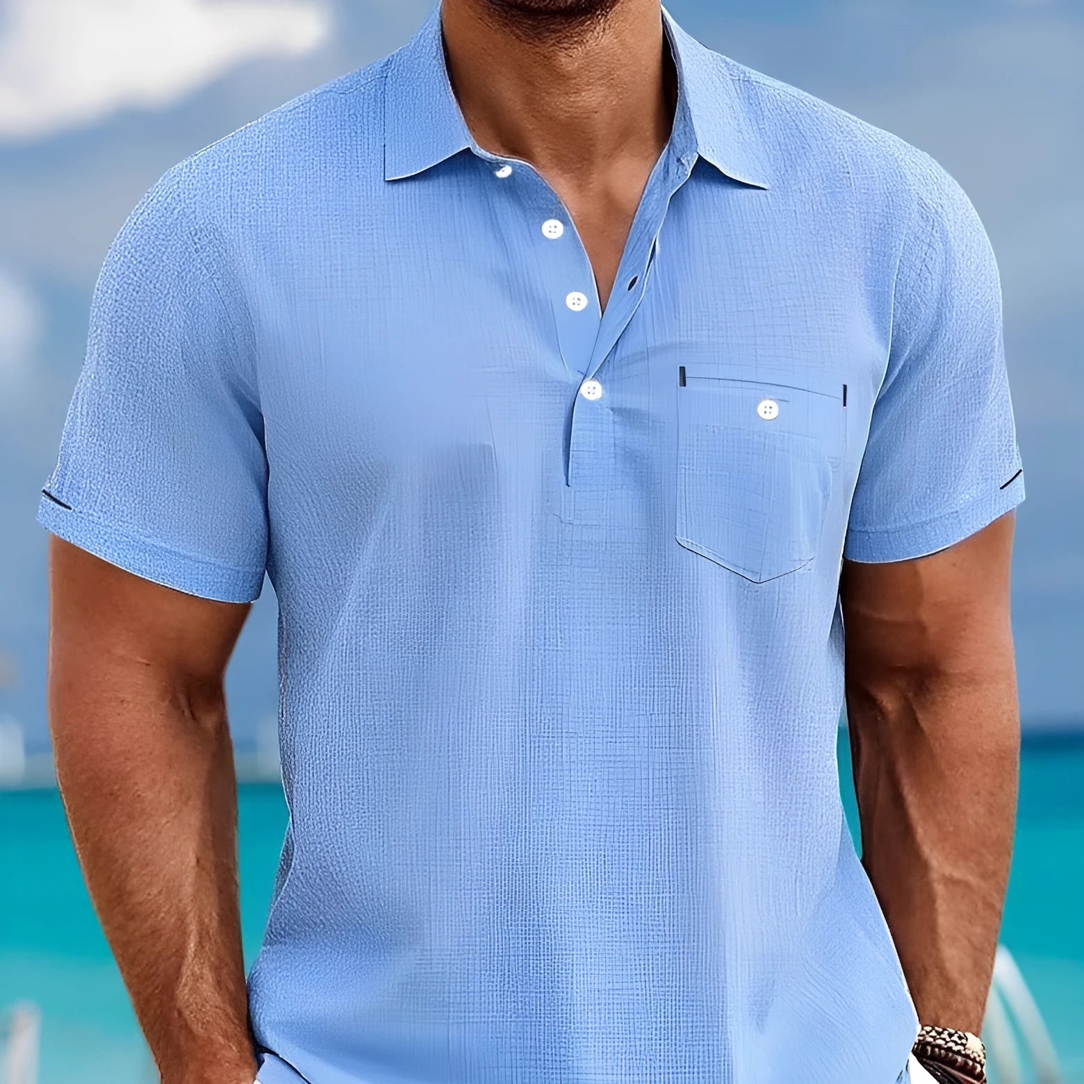 Men's solid colour cotton blend short sleeve pullover shirt in loose fit, available in white