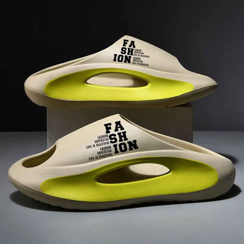 Men's casual soft bottom non-slip platform EVA slippers in black, white, and khaki