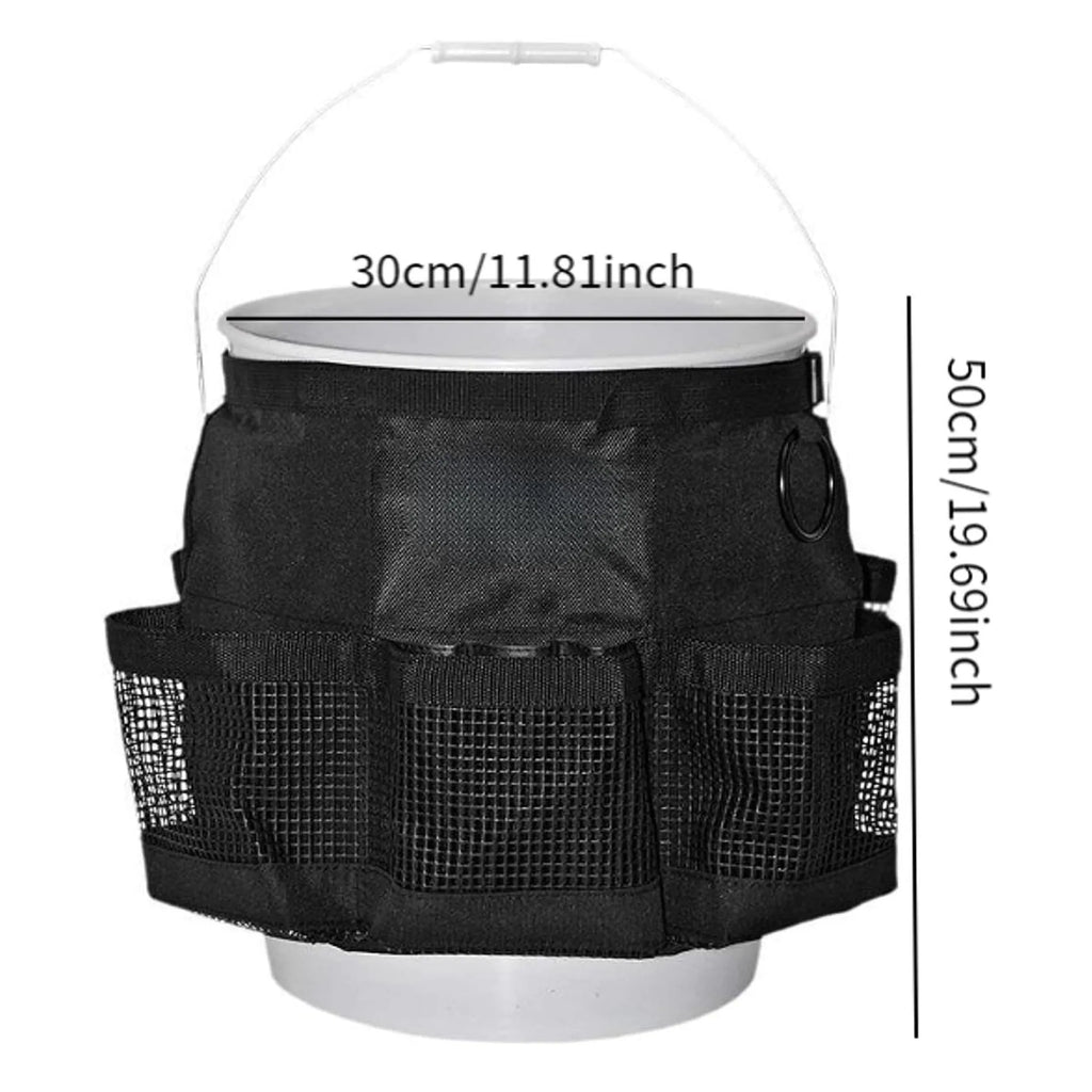 Black cylindrical polyester hanging storage bag fitted on a 5-gallon barrel.