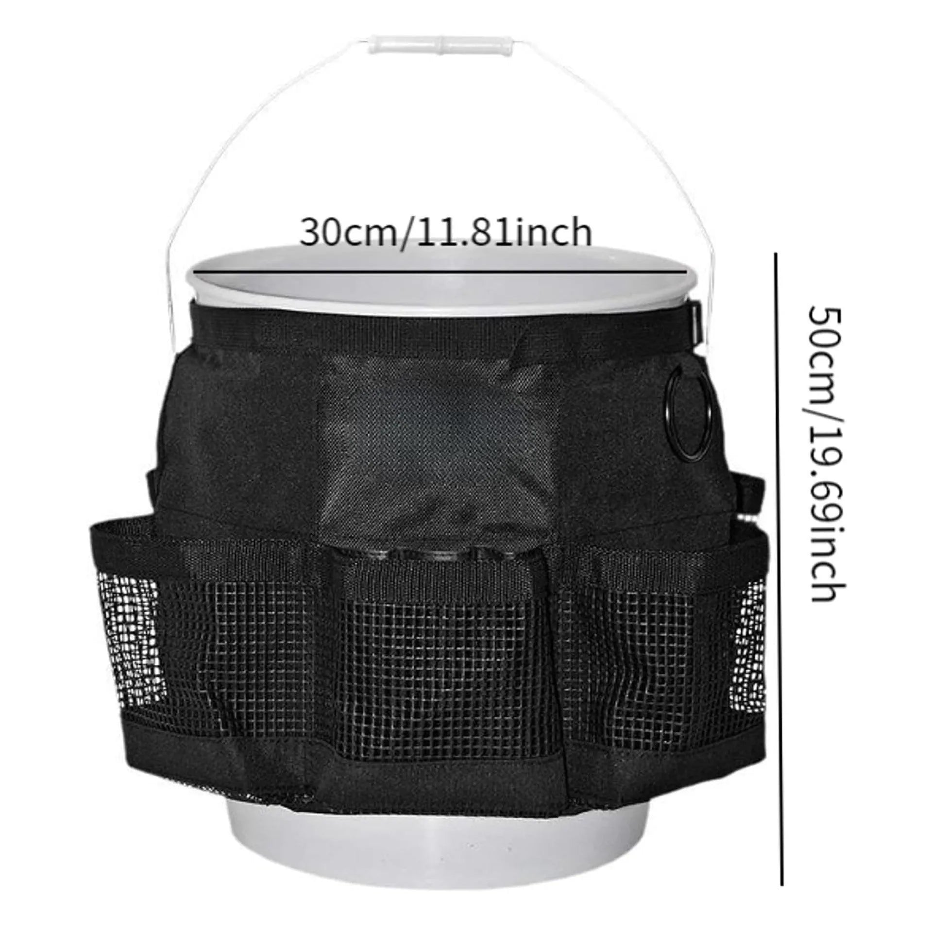 Black cylindrical polyester hanging storage bag fitted on a 5-gallon barrel.