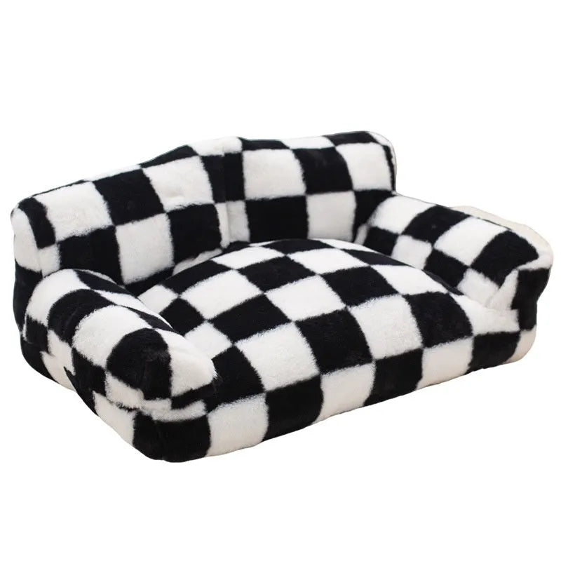 Black and white plaid plush kennel bed for cats and dogs, extra large size 90x55x26cm