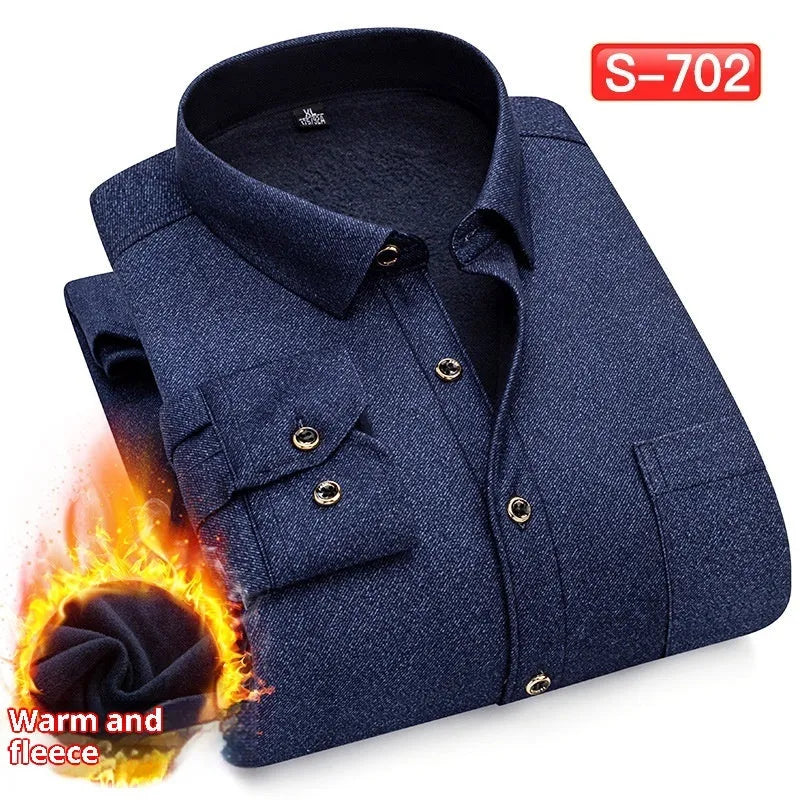 Men's fleece lined padded shirt long sleeve autumn winter warm middle-aged cardigan in double-sided velvet fabric