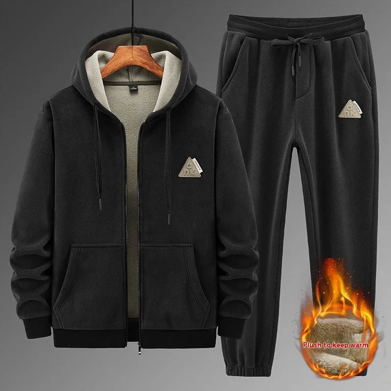 Grey cashmere hooded sweater and matching cotton pants casual sports set laid flat